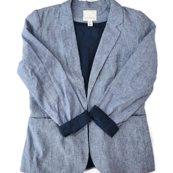 Women's Linen Blazer Blue and White Striped Open Front Seersucker Beachy SZ L - Picture 12 of 12